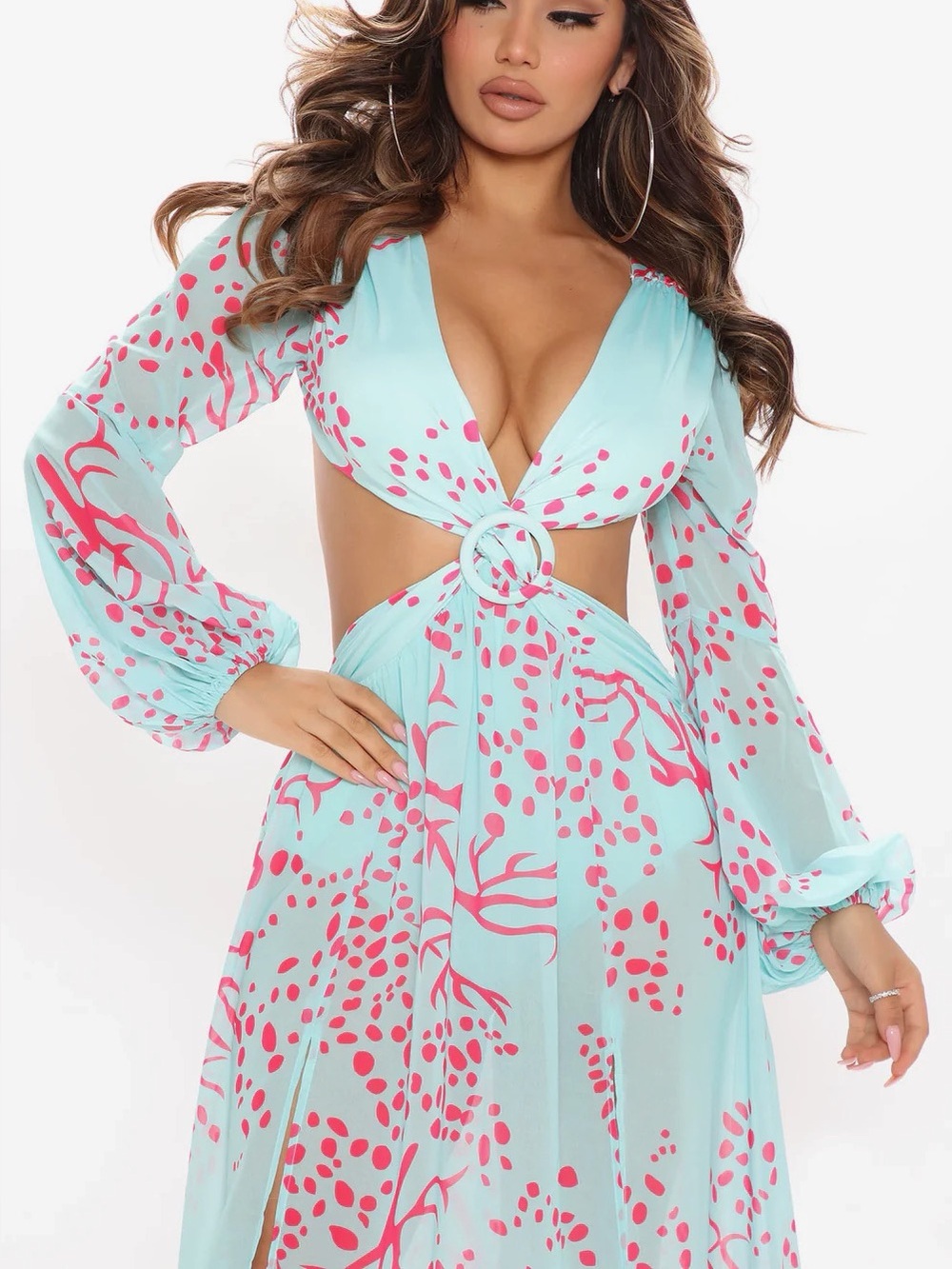 Fashion Nova Aqua Maxi Dress with Pink Floral Cutouts - Picture 3 of 4